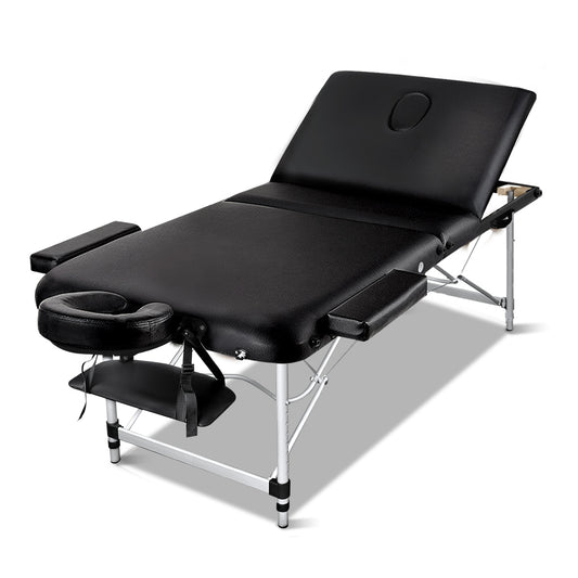 70cm Wide Portable Aluminium Massage Table 3 Fold Treatment Beauty Therapy Black - image1