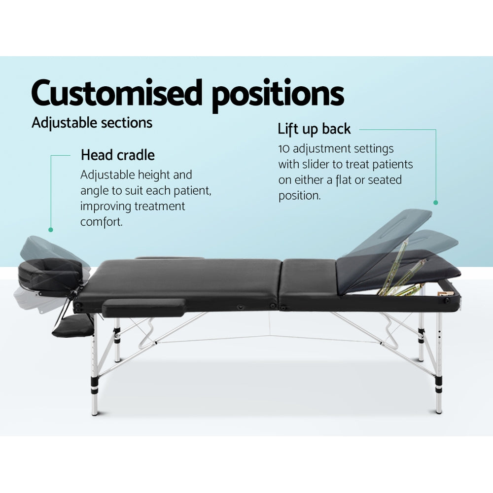 70cm Wide Portable Aluminium Massage Table 3 Fold Treatment Beauty Therapy Black - image4