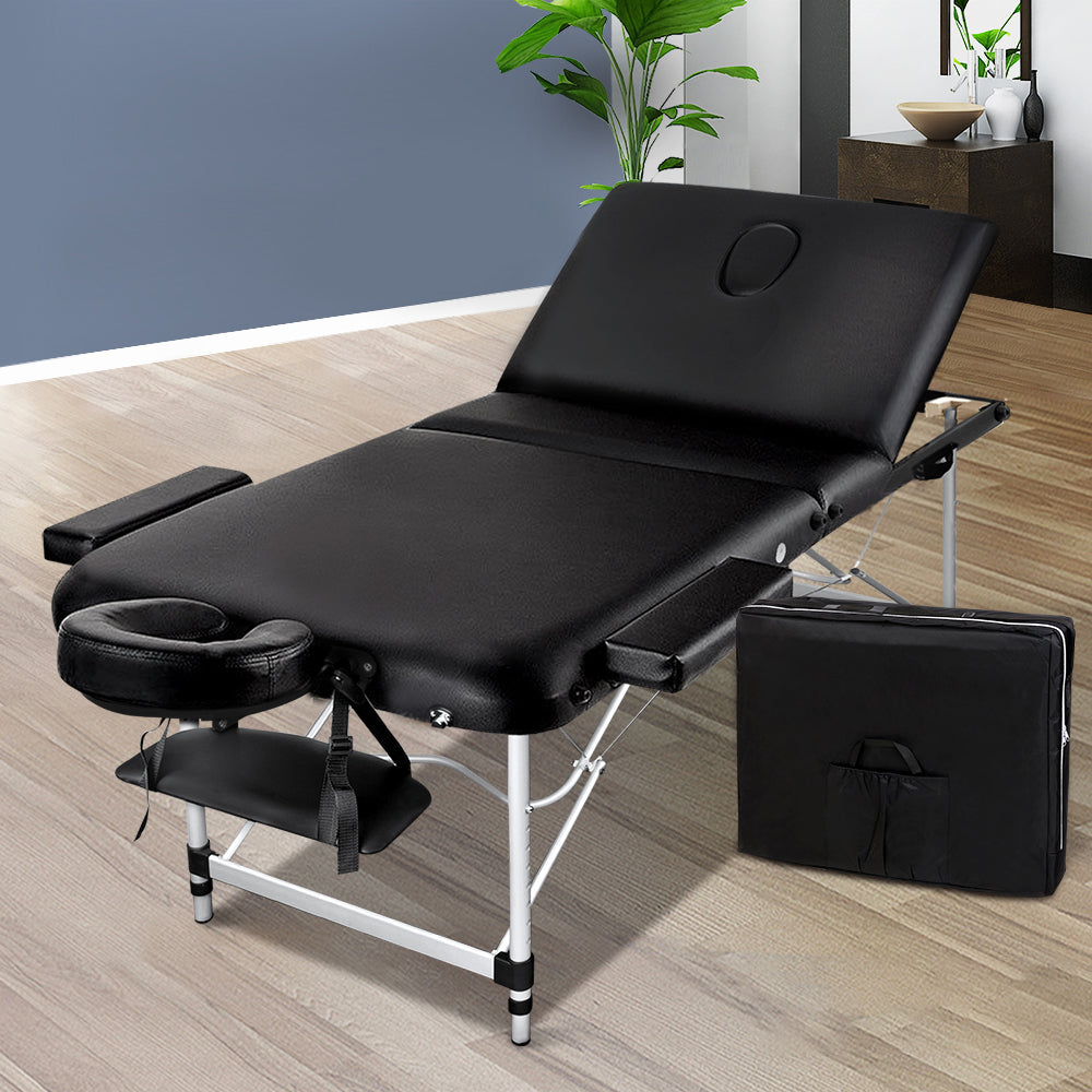 70cm Wide Portable Aluminium Massage Table 3 Fold Treatment Beauty Therapy Black - image7