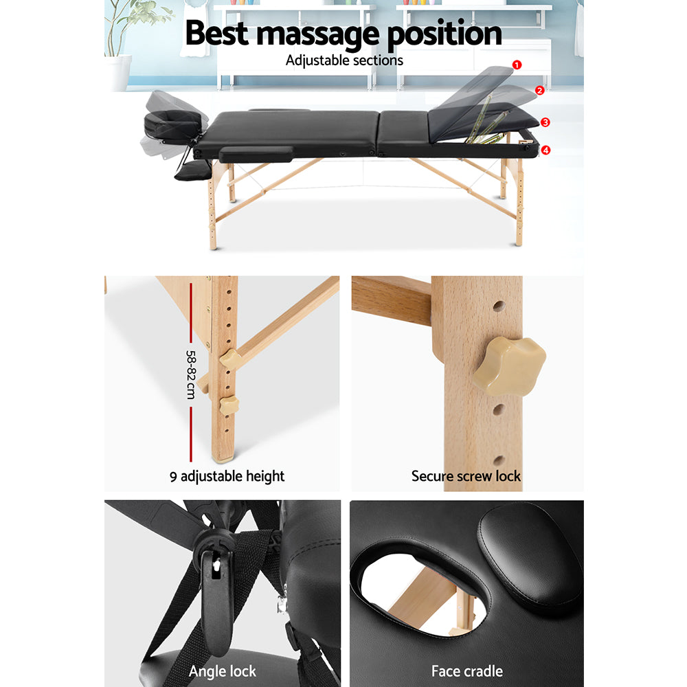 75cm Wide Portable Wooden Massage Table 3 Fold Treatment Beauty Therapy Black - image5