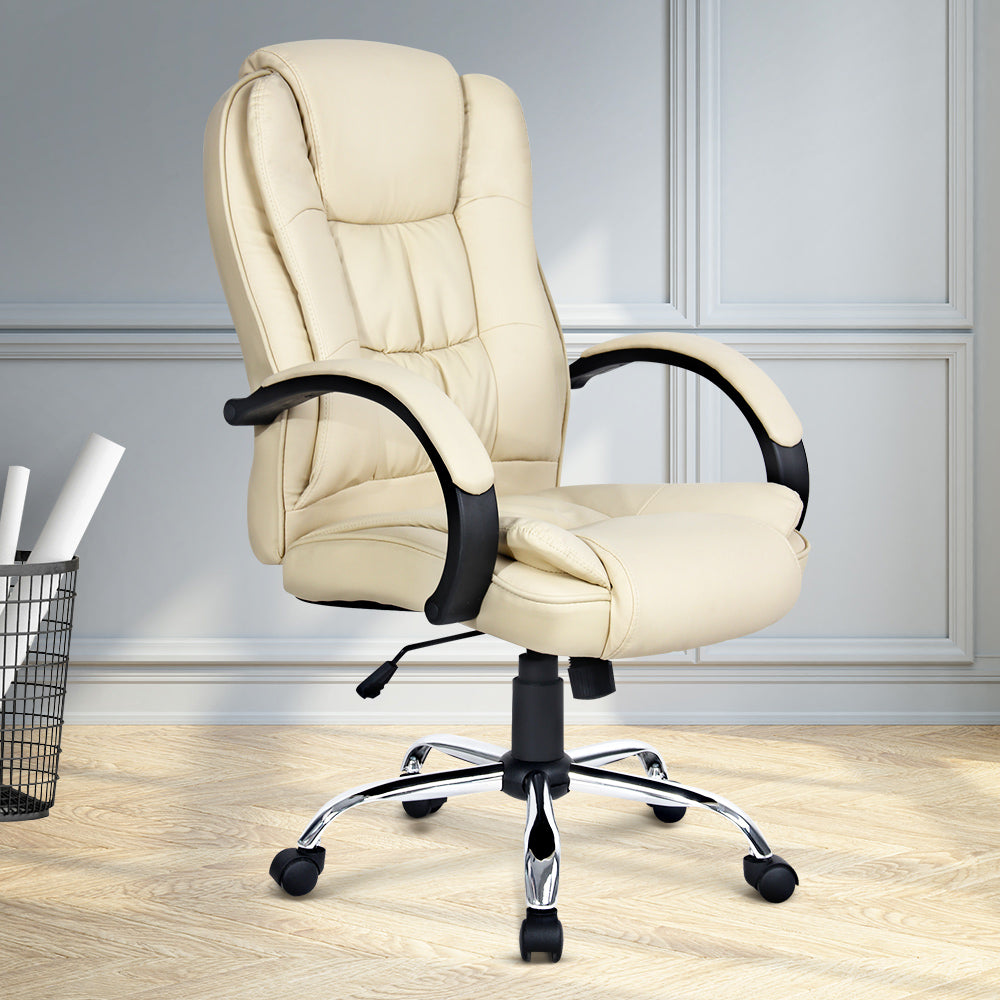 Office Chair Gaming Computer Chairs Executive PU Leather Seat Beige - image7