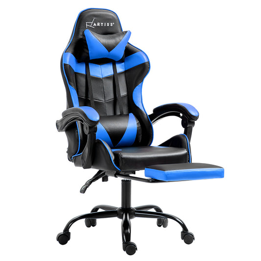 Office Chair Leather Gaming Chairs Footrest Recliner Study Work Blue - image1
