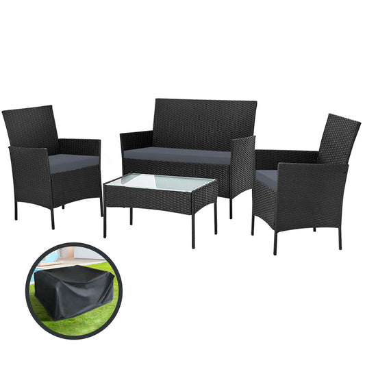 Garden Furniture Outdoor Lounge Setting Wicker Sofa Patio Storage Cover Black - image1
