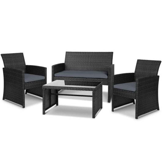 Set of 4 Outdoor Wicker Chairs & Table - Black - image1