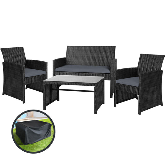 Garden Furniture Outdoor Lounge Setting Wicker Sofa Set Storage Cover Black - image1