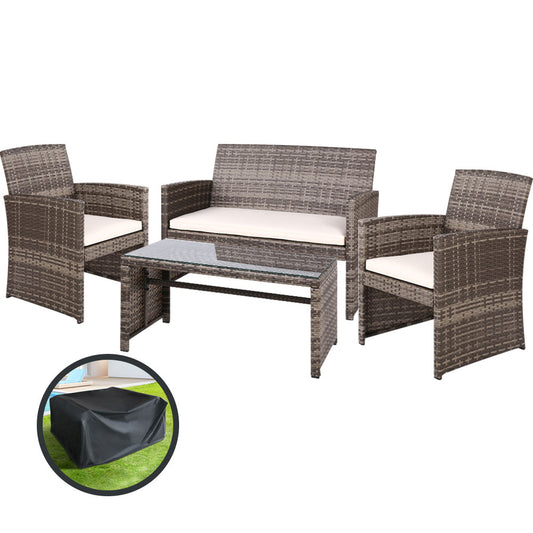 Garden Furniture Outdoor Lounge Setting Wicker Sofa Set Storage Cover Mixed Grey - image1