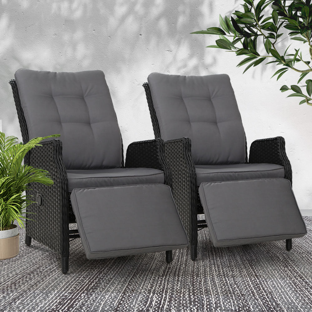 Set of 2 Recliner Chairs Sun lounge Outdoor Furniture Setting Patio Wicker Sofa Black - image7