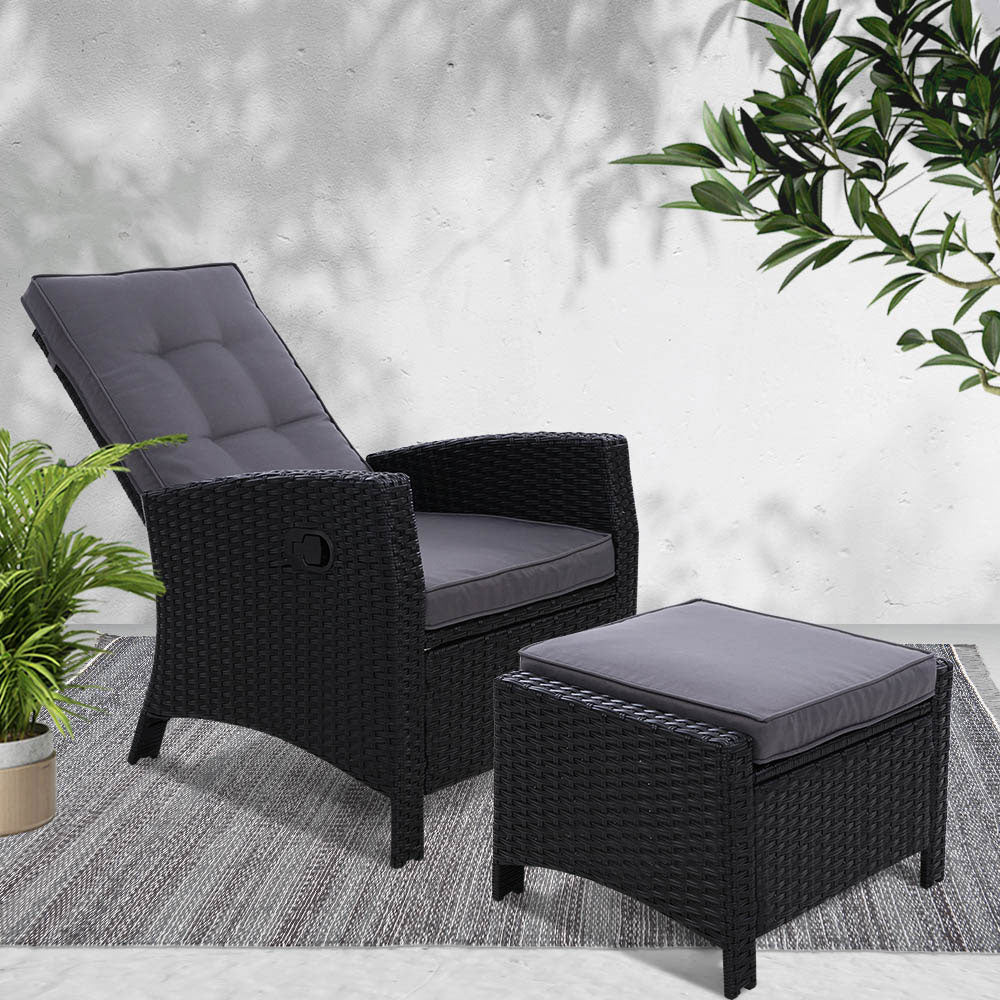 Sun lounge Recliner Chair Wicker Lounger Sofa Day Bed Outdoor Furniture Patio Garden Cushion Ottoman Black Gardeon - image7