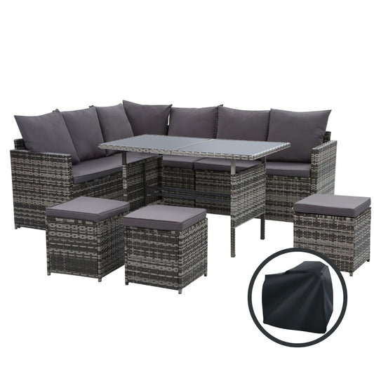 Outdoor Furniture Dining Setting Sofa Set Wicker 9 Seater Storage Cover Mixed Grey - image1