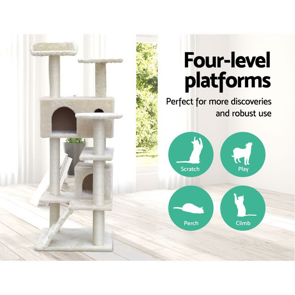 Cat Tree 134cm Trees Scratching Post Scratcher Tower Condo House Furniture Wood Beige - image3