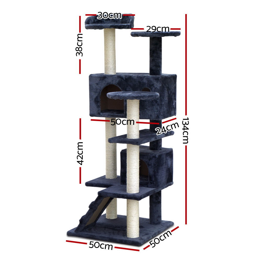 Cat Tree 134cm Trees Scratching Post Scratcher Tower Condo House Furniture Wood Grey - image2