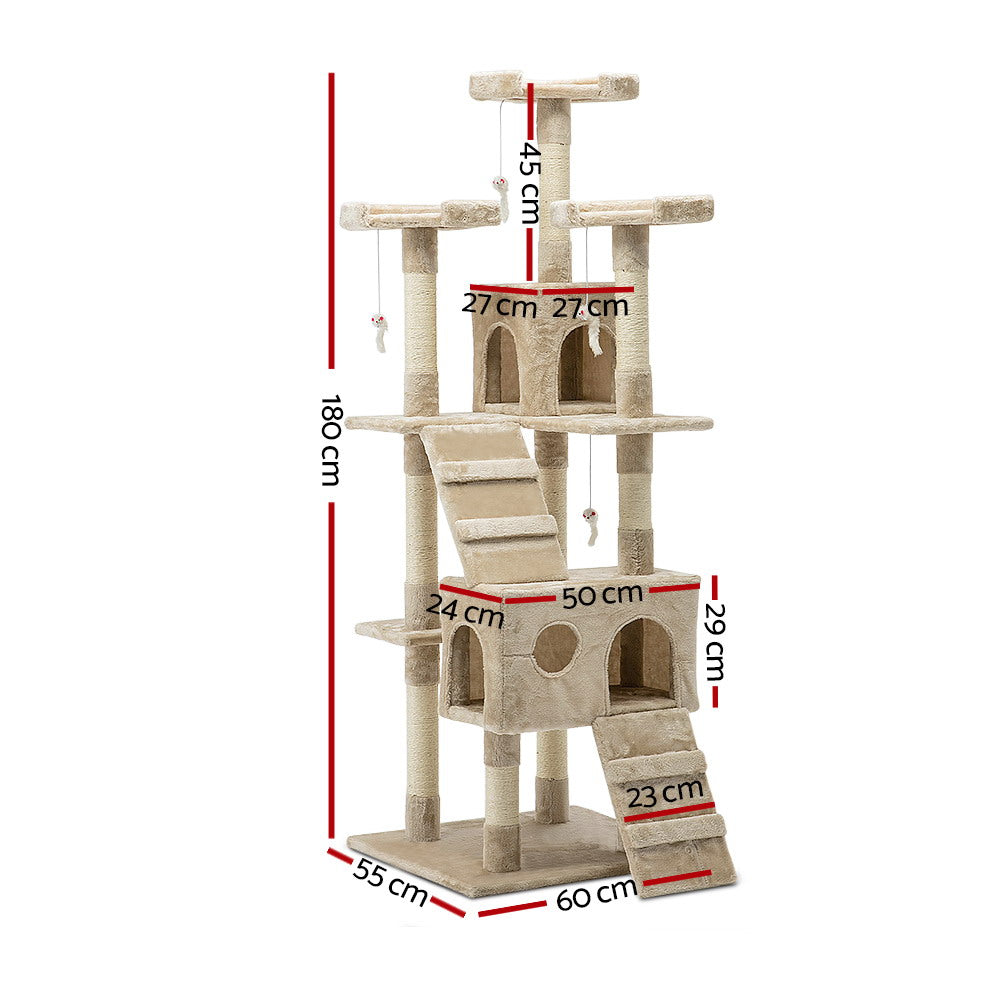 Cat Tree 180cm Trees Scratching Post Scratcher Tower Condo House Furniture Wood Beige - image2