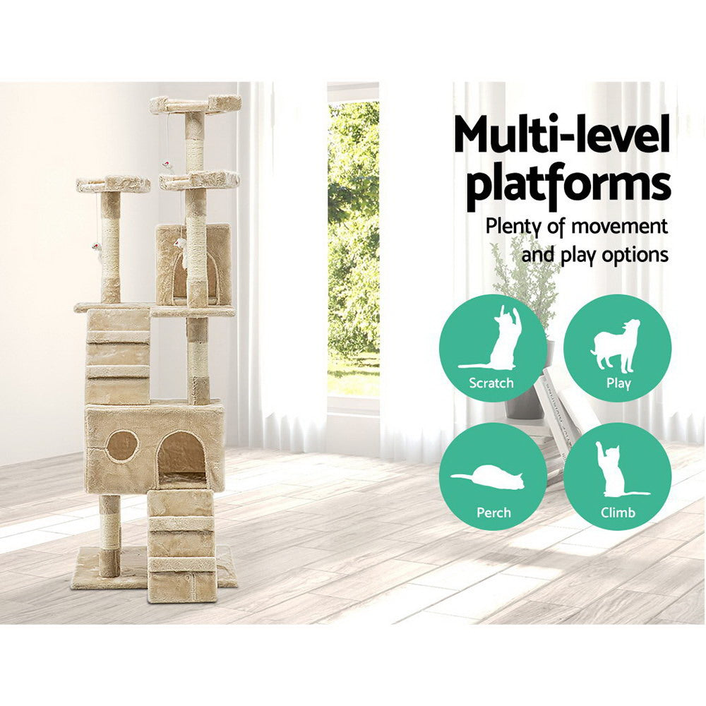Cat Tree 180cm Trees Scratching Post Scratcher Tower Condo House Furniture Wood Beige - image3