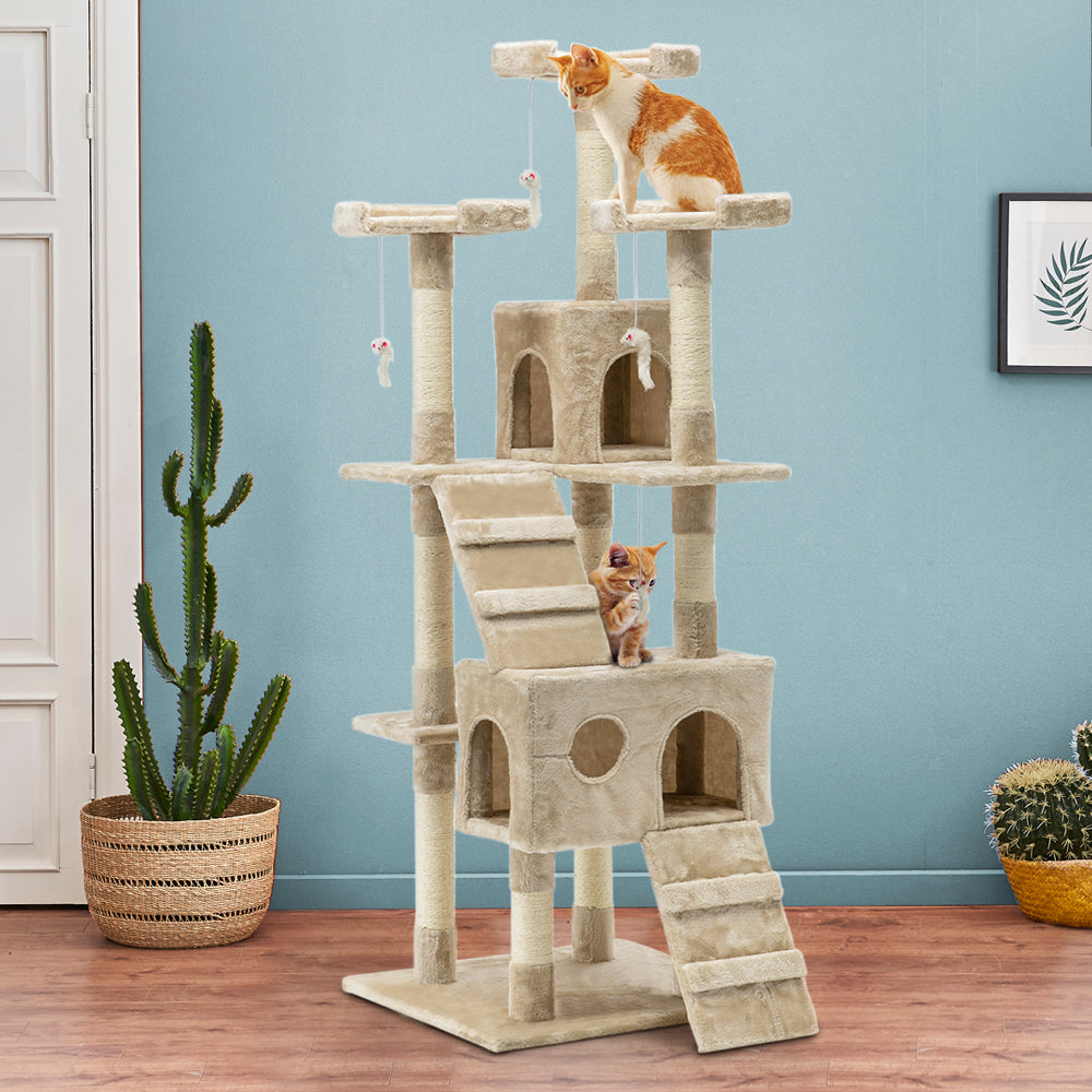 Cat Tree 180cm Trees Scratching Post Scratcher Tower Condo House Furniture Wood Beige - image9