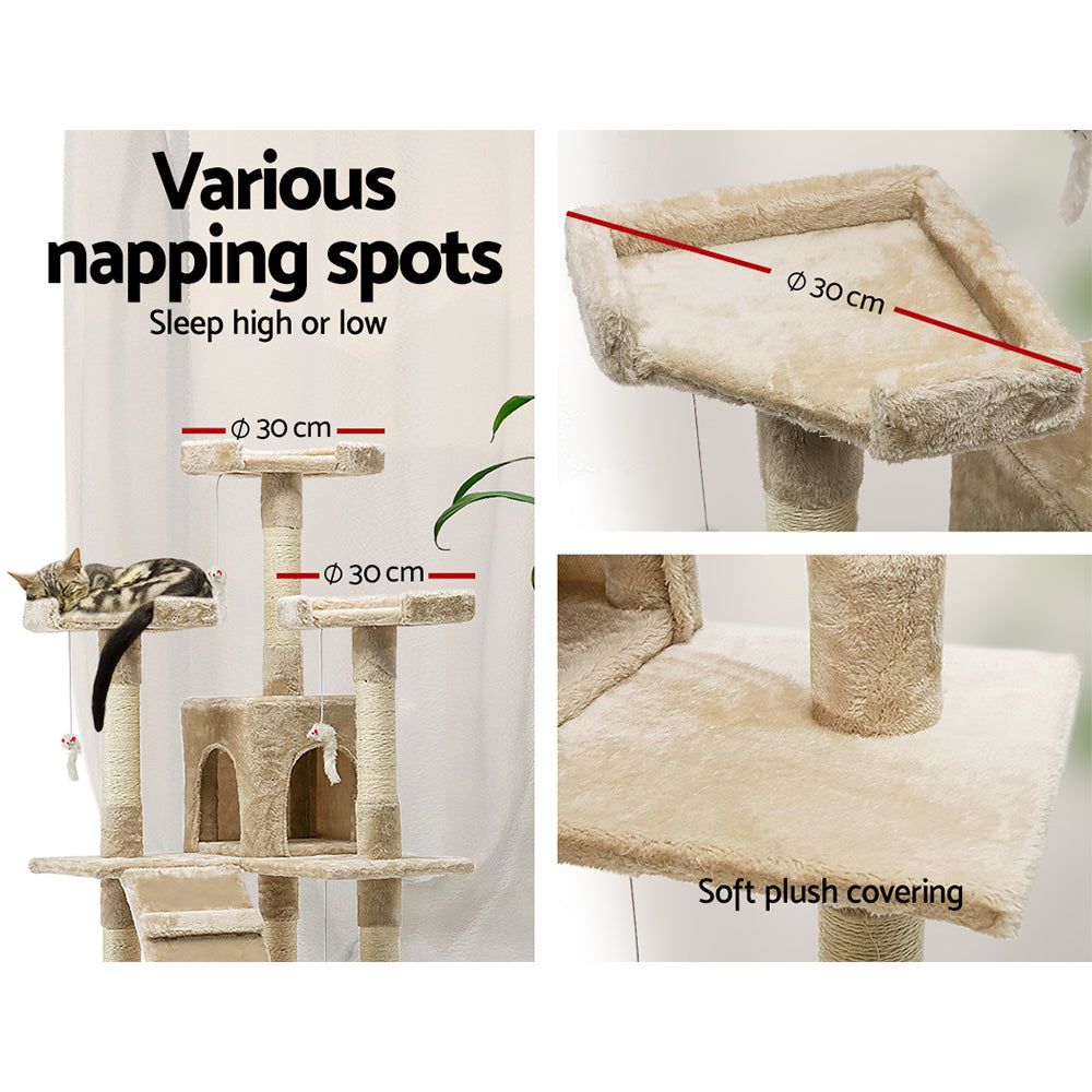 Cat Tree 180cm Trees Scratching Post Scratcher Tower Condo House Furniture Wood Beige - image10