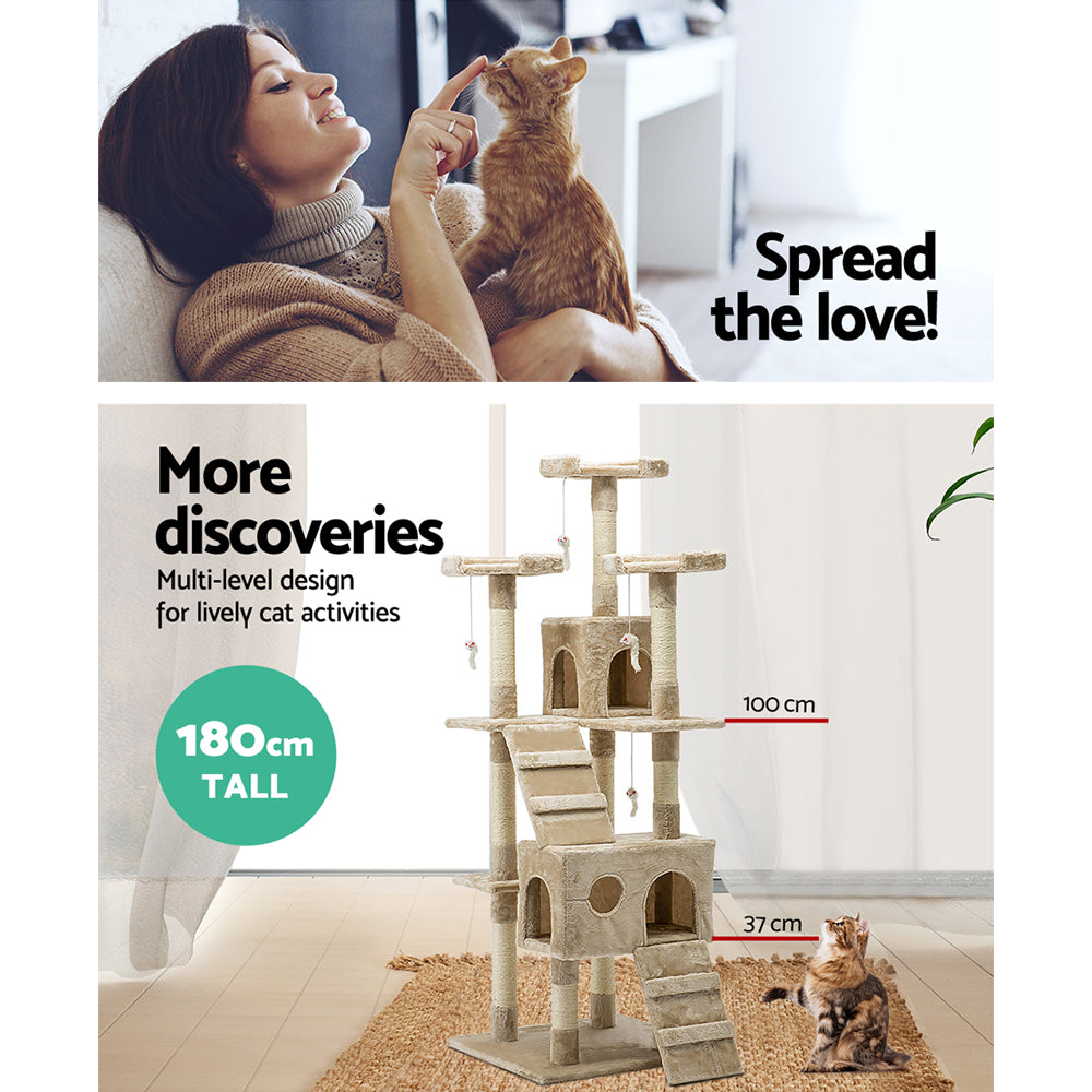 Cat Tree 180cm Trees Scratching Post Scratcher Tower Condo House Furniture Wood Beige - image14