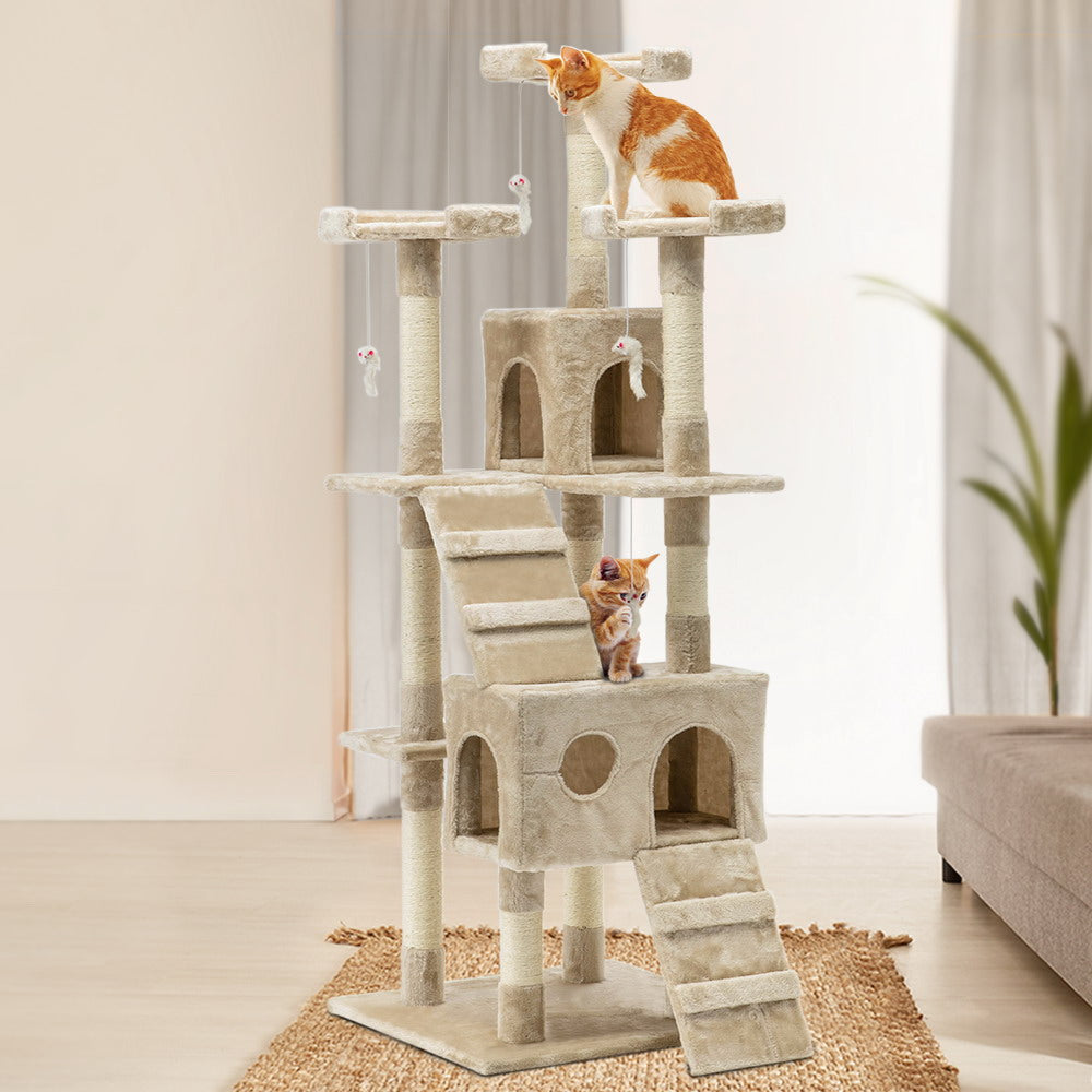 Cat Tree 180cm Trees Scratching Post Scratcher Tower Condo House Furniture Wood Beige - image7