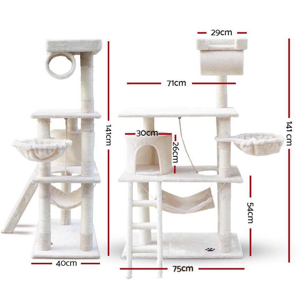 Cat Tree 141cm Trees Scratching Post Scratcher Tower Condo House Furniture Wood Beige - image2
