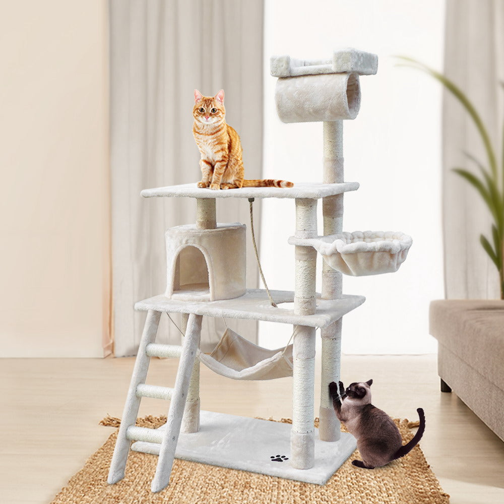 Cat Tree 141cm Trees Scratching Post Scratcher Tower Condo House Furniture Wood Beige - image7