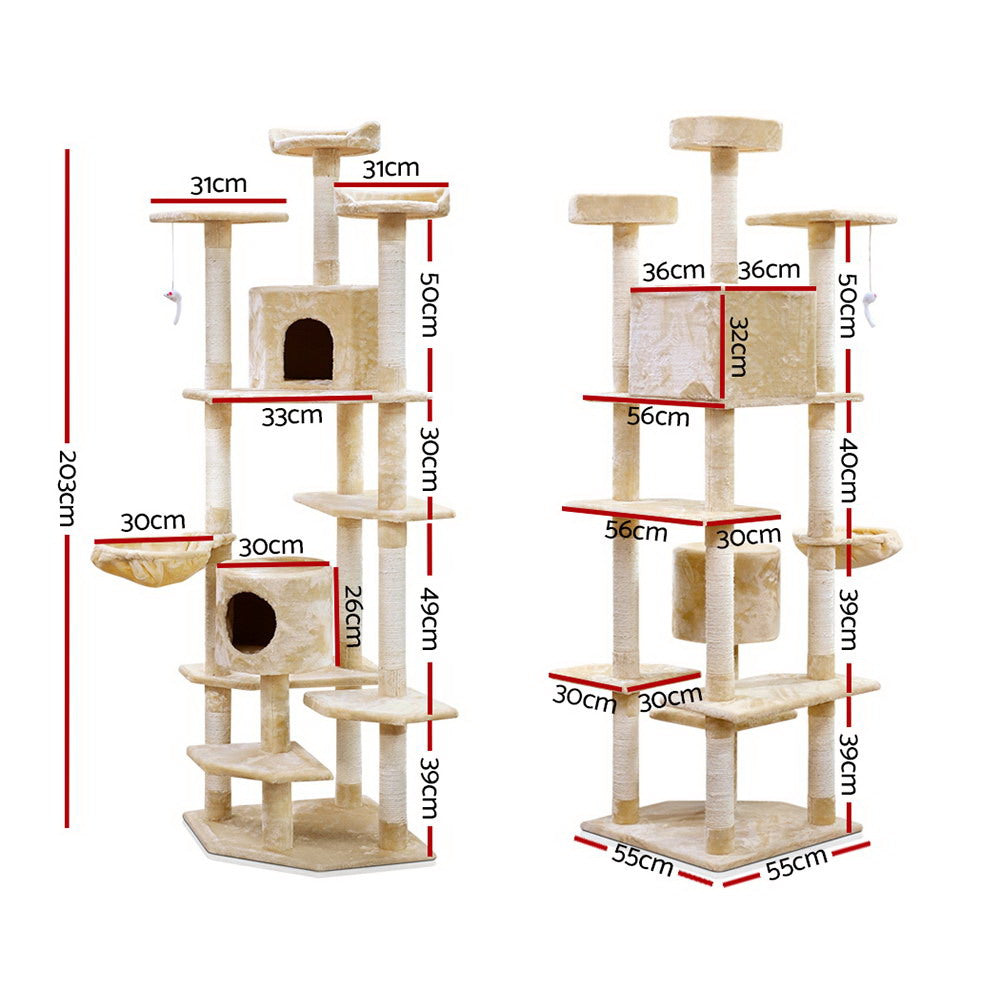 Cat Tree 203cm Trees Scratching Post Scratcher Tower Condo House Furniture Wood Beige - image2