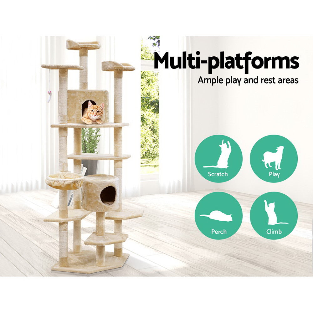 Cat Tree 203cm Trees Scratching Post Scratcher Tower Condo House Furniture Wood Beige - image3