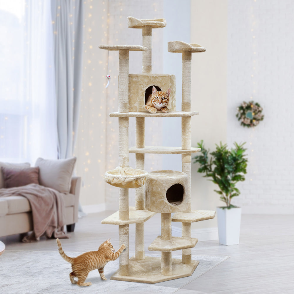 Cat Tree 203cm Trees Scratching Post Scratcher Tower Condo House Furniture Wood Beige - image9
