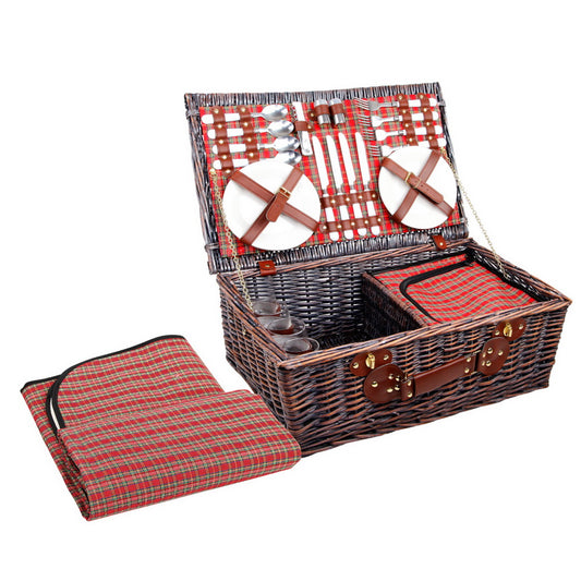 4 Person Picnic Basket Baskets Red Handle Outdoor Corporate Blanket Park - image1