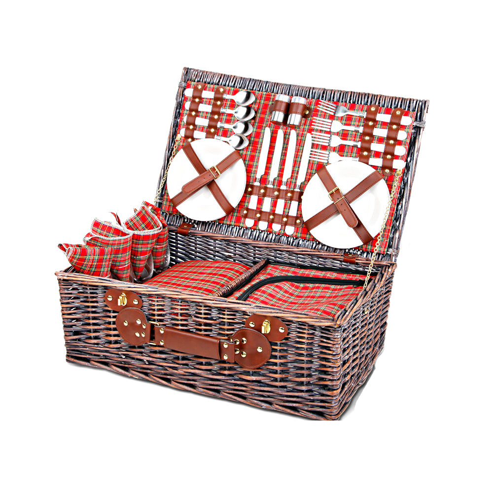 4 Person Picnic Basket Baskets Red Handle Outdoor Corporate Blanket Park - image3