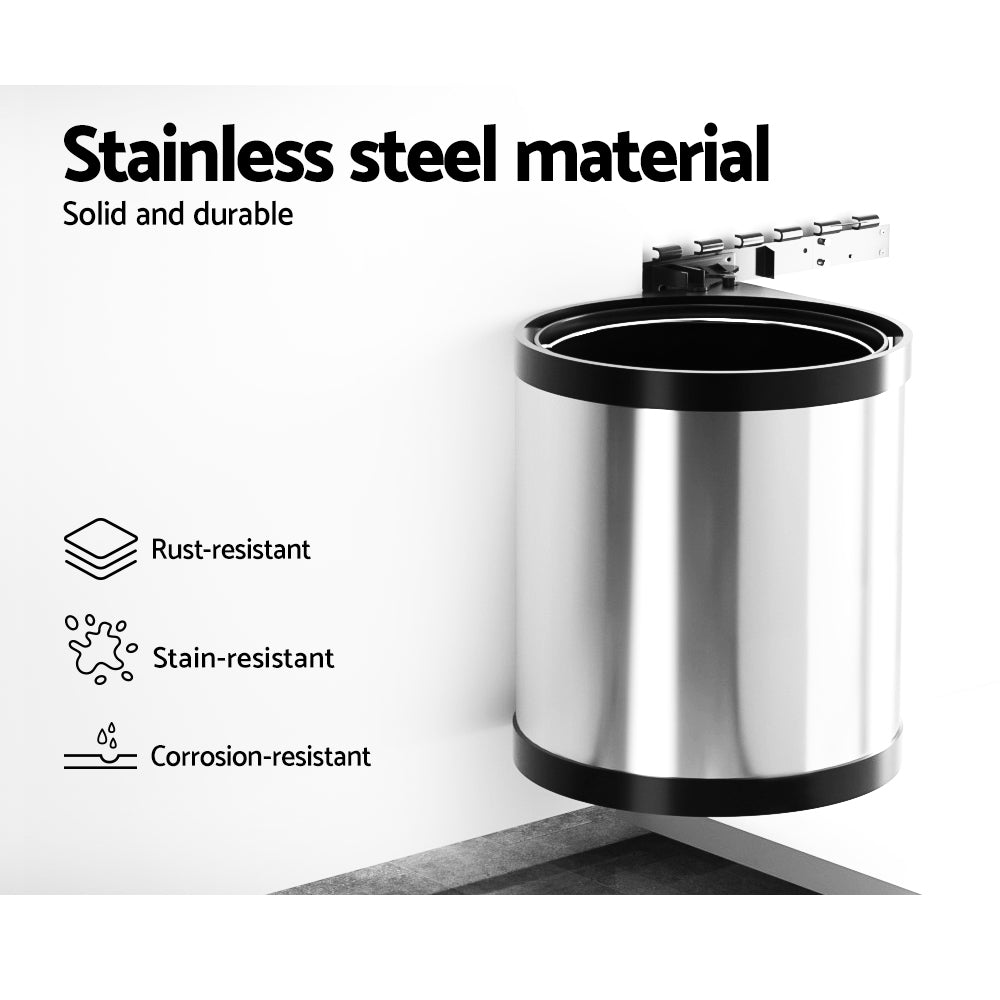 Kitchen Swing Out Pull Out Bin Stainless Steel Garbage Rubbish Can 12L - image7