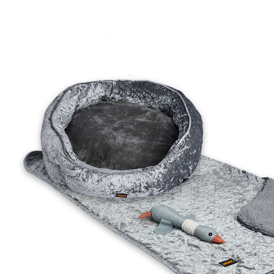 Pet Bed Set Dog Cat Quilted Blanket Squeaky Toy Calming Warm Soft Nest Grey L - image2