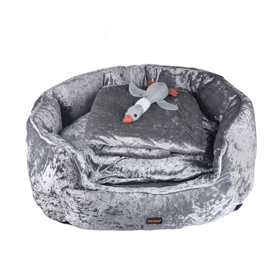 Pet Bed Set Dog Cat Quilted Blanket Squeaky Toy Calming Warm Soft Nest Grey L - image1