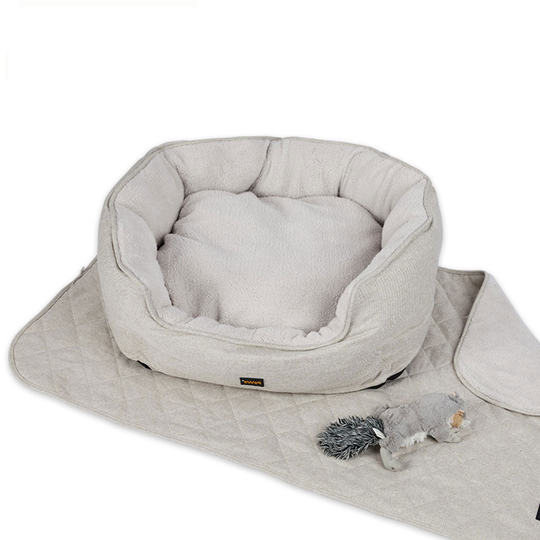 Pet Bed Set Dog Cat Quilted Blanket Squeaky Toy Calming Warm Soft Nest Beige XL - image2