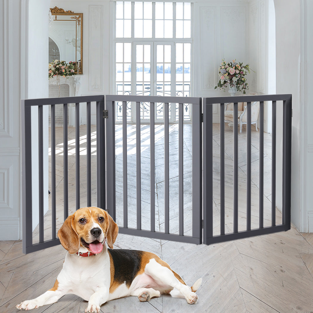 Wooden Pet Gate Dog Fence Retractable Barrier Portable Door 3 Panel Grey - image7