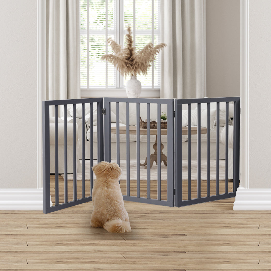 Wooden Pet Gate Dog Fence Retractable Barrier Portable Door 3 Panel Grey - image8