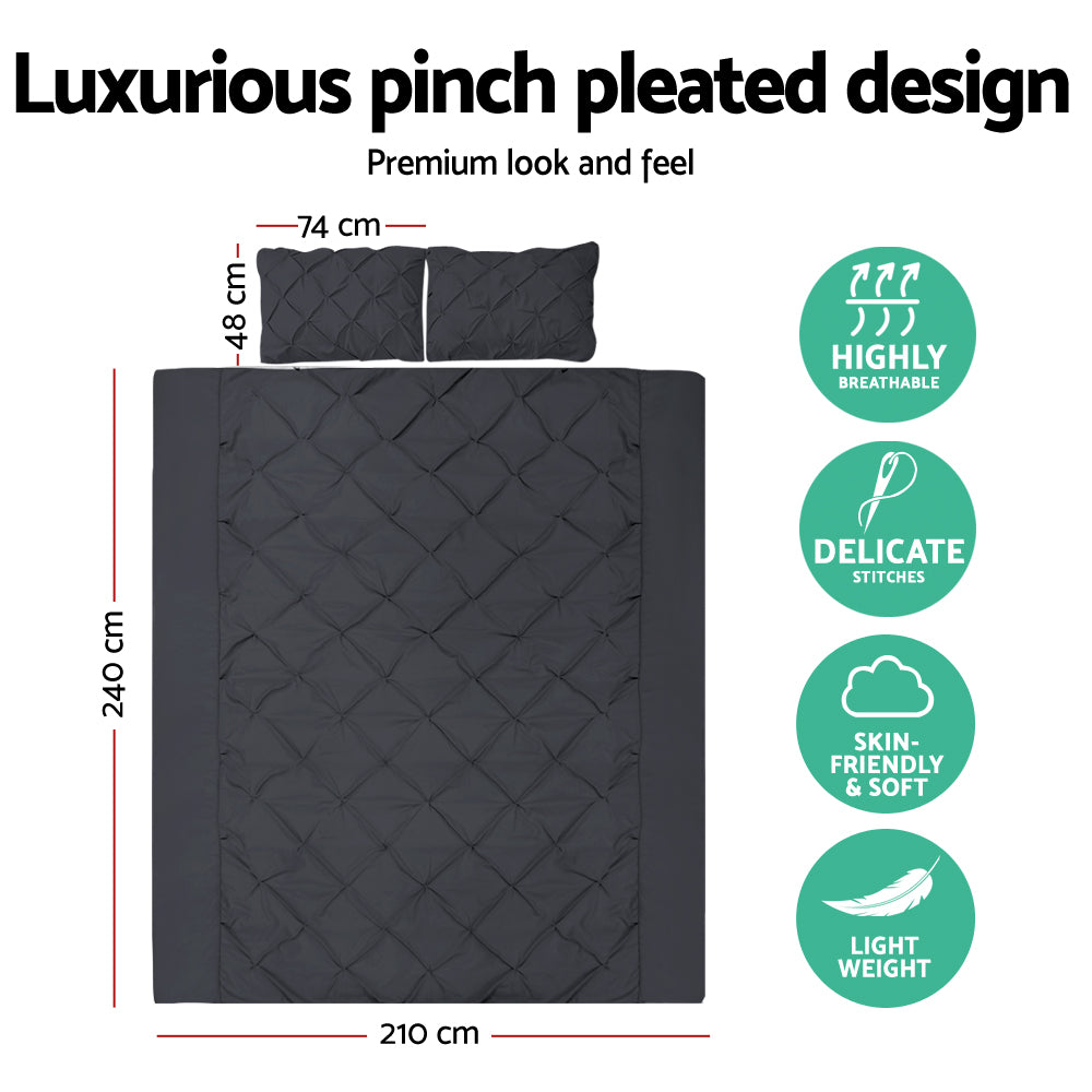 Bedding Quilt Cover Set King Pinch Pleat Diamond Duvet Doona Case Black - image2