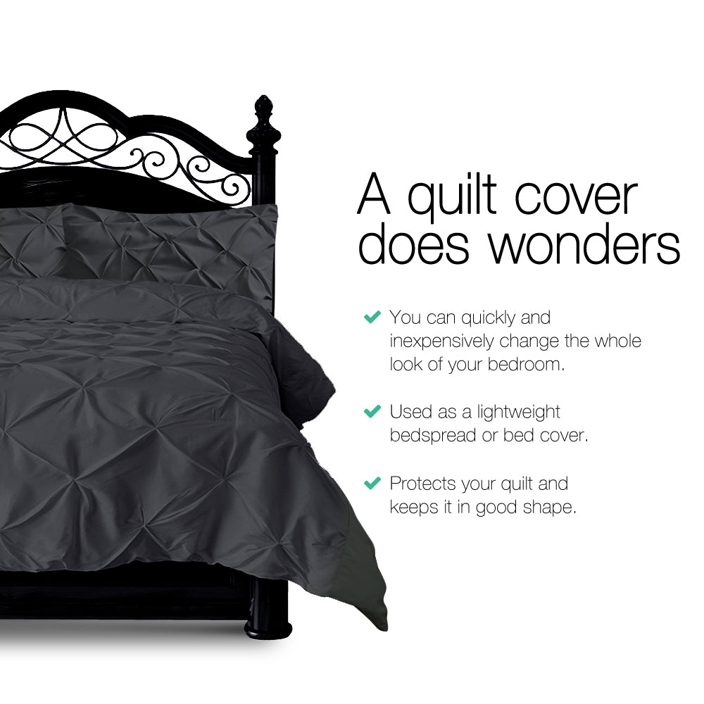 Giselle Cotton Quilt Cover Set Queen Bed Pinch Pleat Diamond Duvet Doona Black - image3