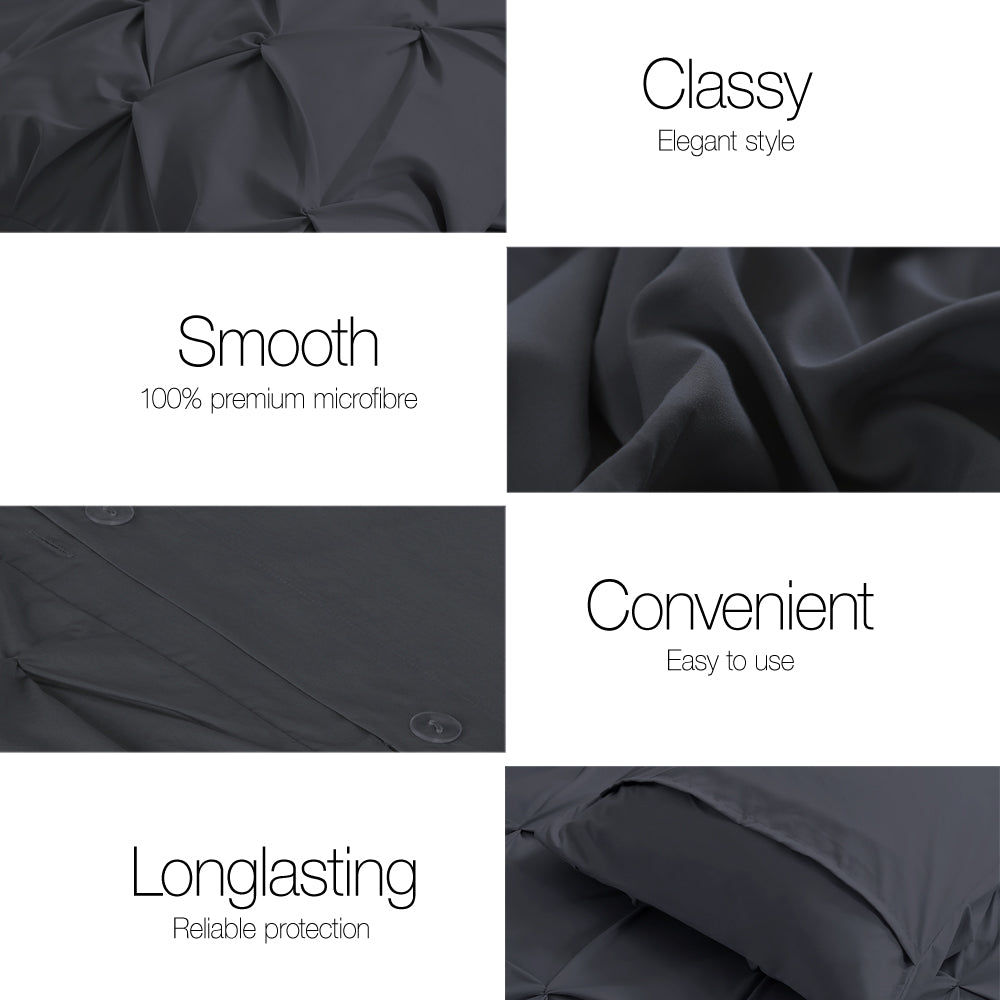 Giselle Cotton Quilt Cover Set Queen Bed Pinch Pleat Diamond Duvet Doona Black - image4