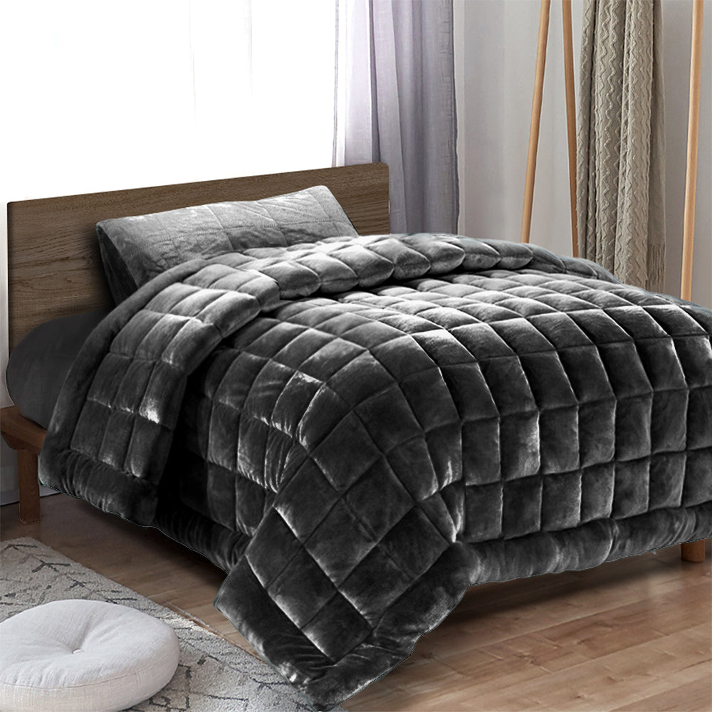 Bedding Faux Mink Quilt Fleece Throw Blanket Comforter Duvet Charcoal Single - image7