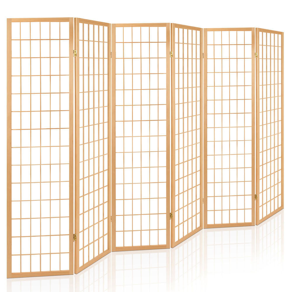 6 Panel Room Divider Privacy Screen Foldable Pine Wood Stand Natural - image1