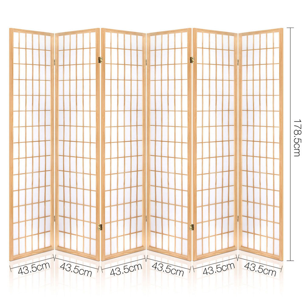 6 Panel Room Divider Privacy Screen Foldable Pine Wood Stand Natural - image2