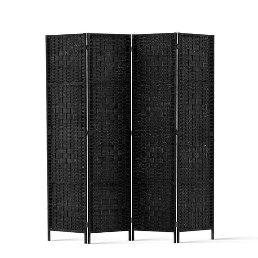 4 Panel Room Divider Privacy Screen Rattan Woven Wood Stand Black - image1