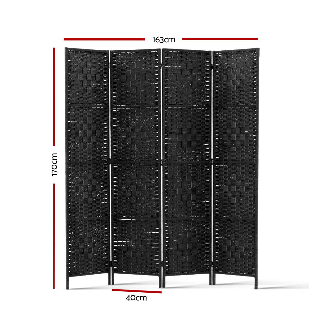 4 Panel Room Divider Privacy Screen Rattan Woven Wood Stand Black - image2