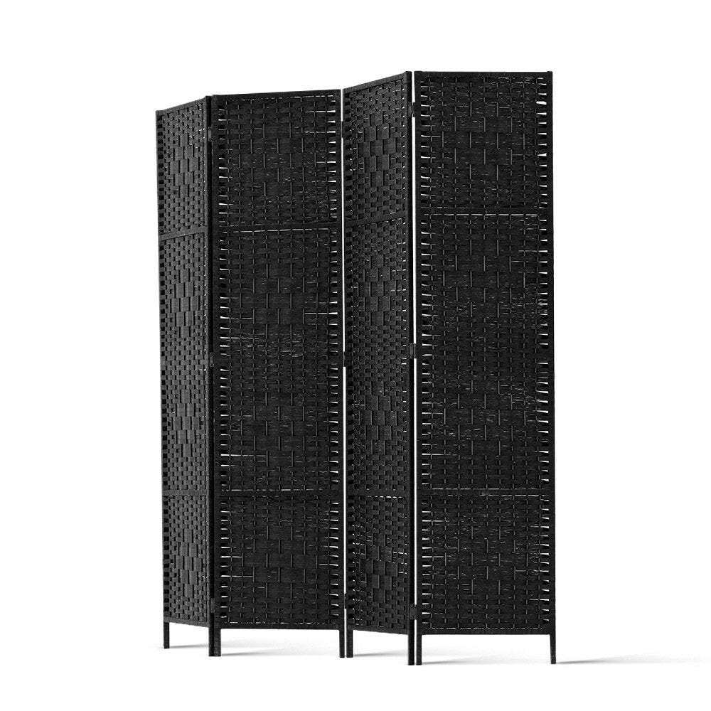 4 Panel Room Divider Privacy Screen Rattan Woven Wood Stand Black - image4