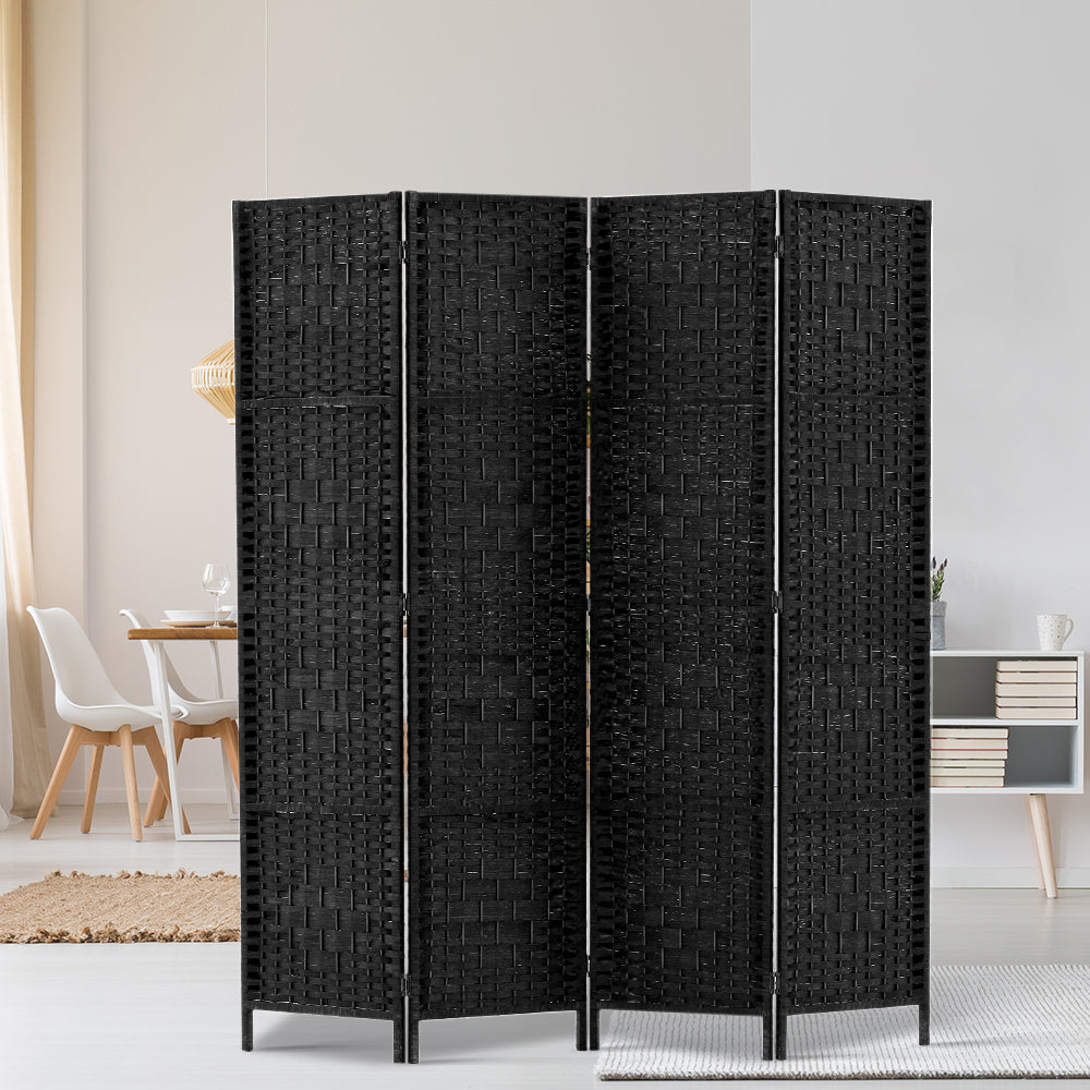 4 Panel Room Divider Privacy Screen Rattan Woven Wood Stand Black - image7