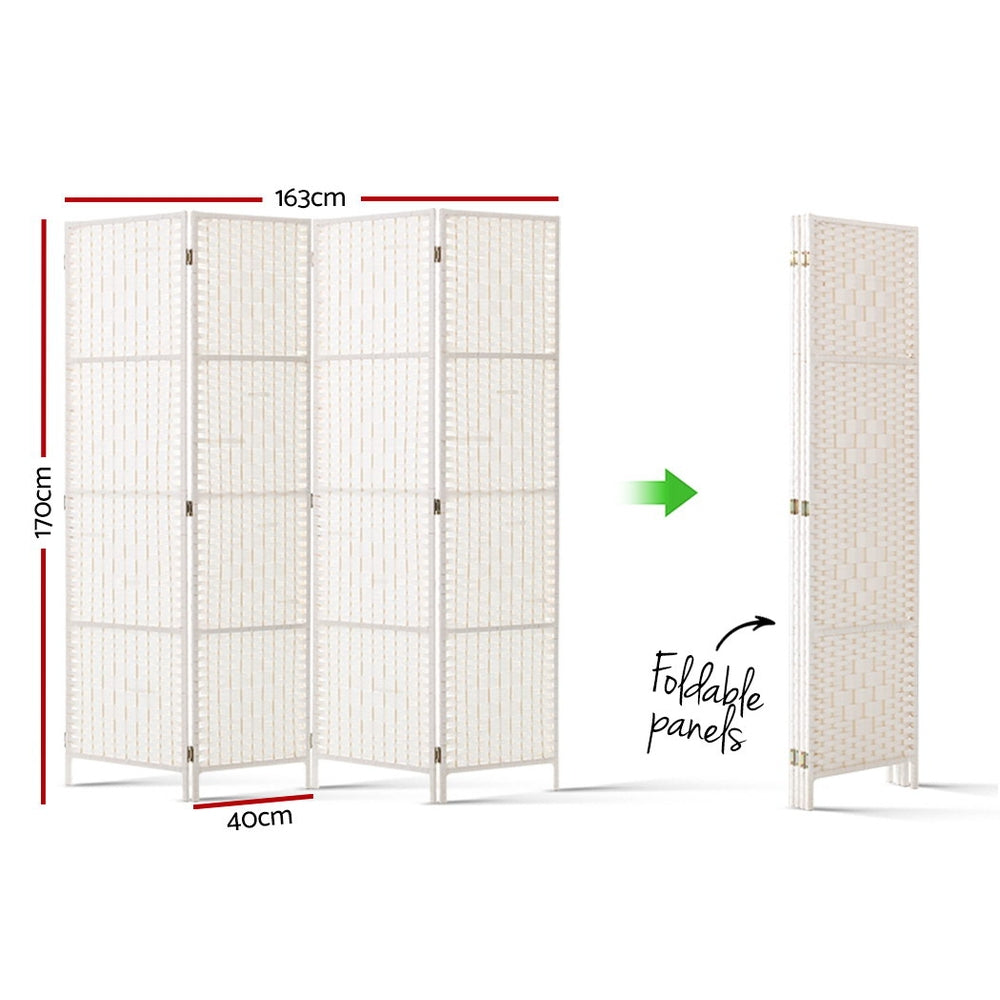 4 Panels Room Divider Screen Privacy Rattan Timber Fold Woven Stand White - image2