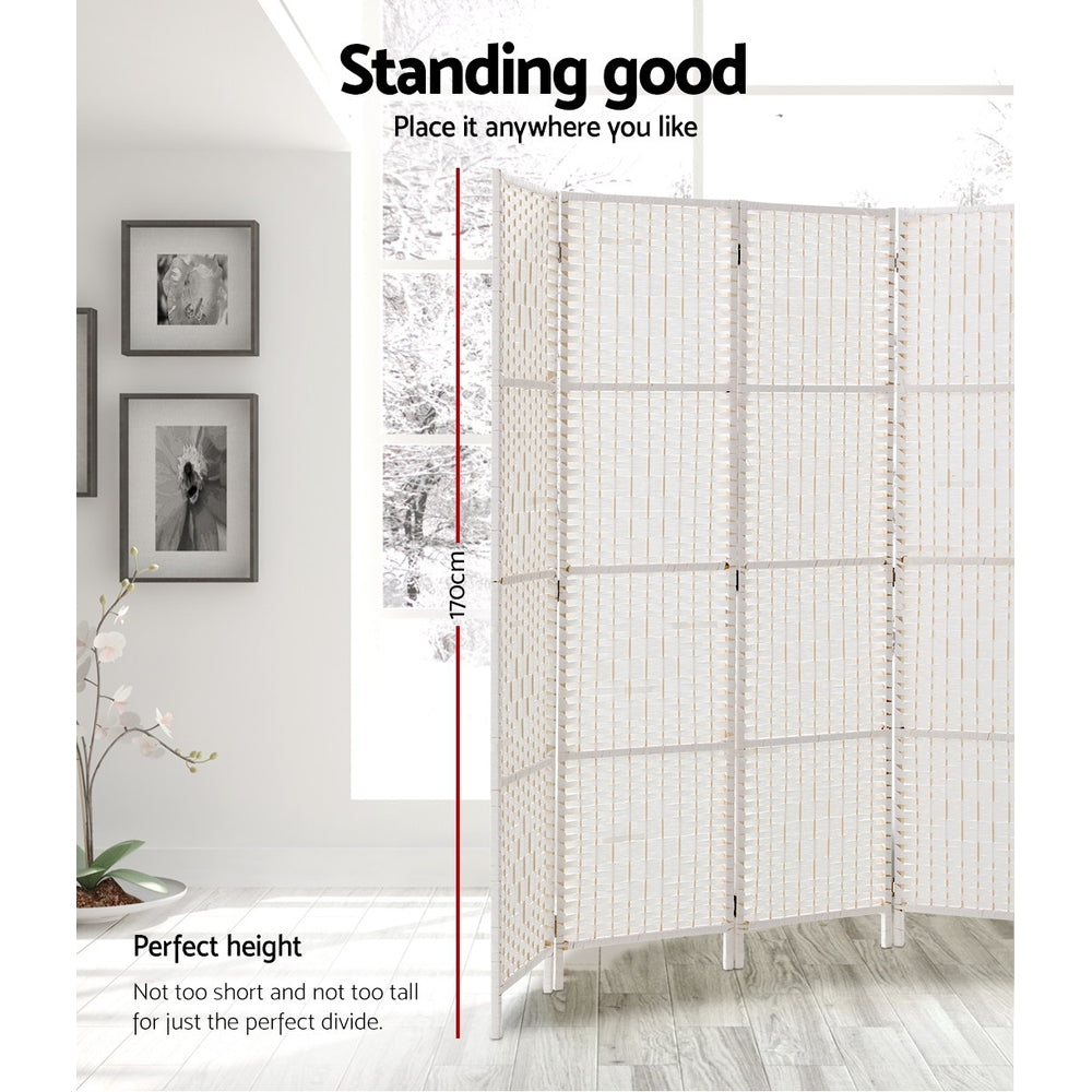 4 Panels Room Divider Screen Privacy Rattan Timber Fold Woven Stand White - image3