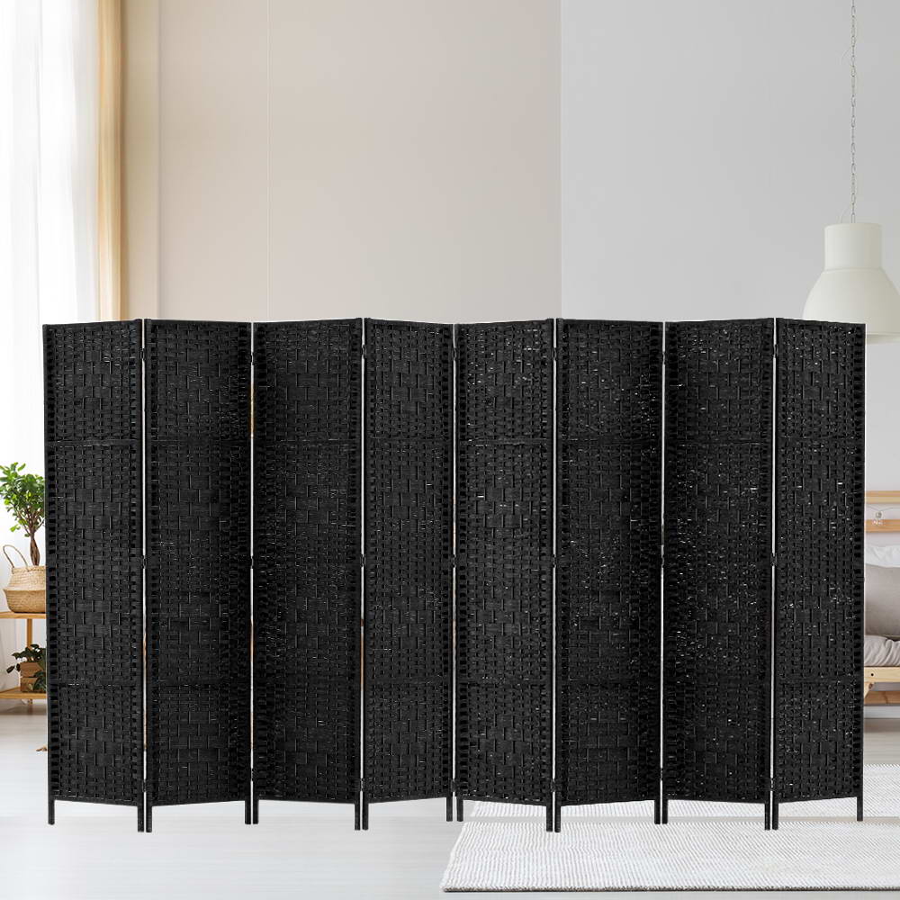 Room Divider 8 Panel Dividers Privacy Screen Rattan Wooden Stand Black - image7