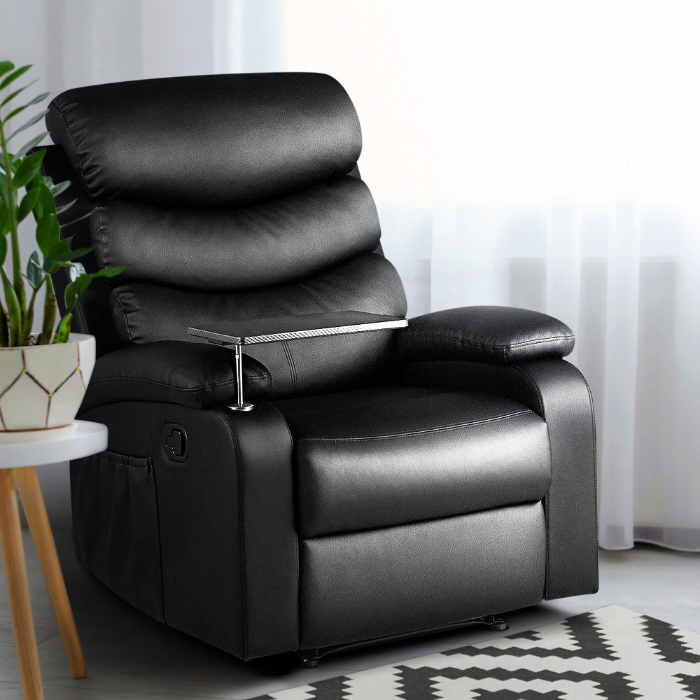 Recliner Chair Armchair Lounge Sofa Chairs Couch Leather Black Tray Table - image8