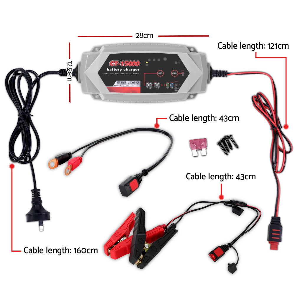 Smart Battery Charger 15A 12V 24V Automatic SLA AGM Car Truck Boat Motorcycle Caravan - image2