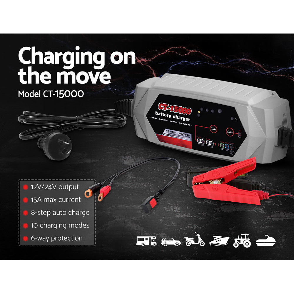 Smart Battery Charger 15A 12V 24V Automatic SLA AGM Car Truck Boat Motorcycle Caravan - image3